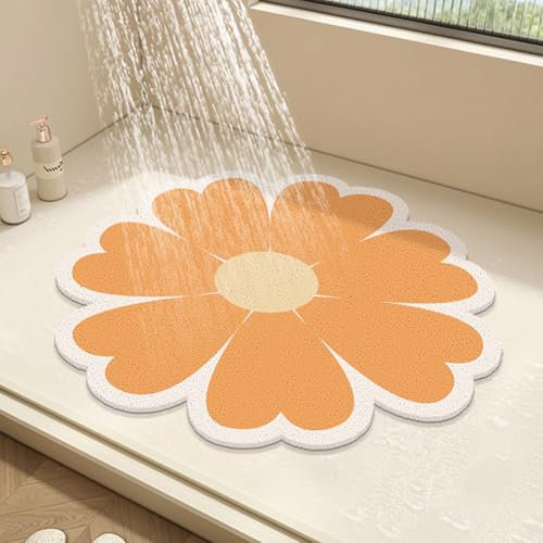 Tapis de douche rond en luffa en PVC antidérapant et anti-moisissure avec drainage, séchage rapide (orange, 50 x 50 cm)