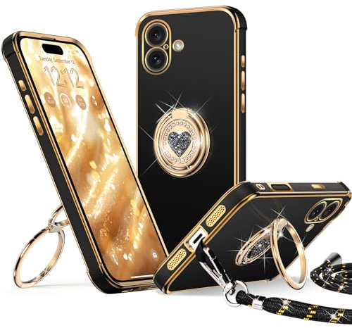 XYZ for iPhone 16 Plus Case with Stand, Double Ring Holder Case Heart with Lanyard for Girls Women, Luxury Cute Bling Plustective Phone Cover for iPhone 16 Plus, Black