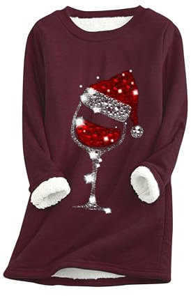 EFOFEI Damen Langarmshirt Mit Rundhalsausschnitt Winter Fleece Warm Pullover Weinrot XXL