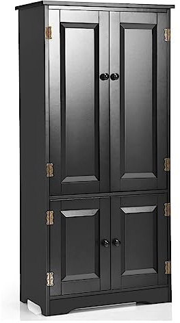 FANTASK Aufbewahrungsschrank Vintage, Flurschrank mit verstellbarem Regal, Badschrank Wäscheschrank Holz, Landhausstil, Schwarz