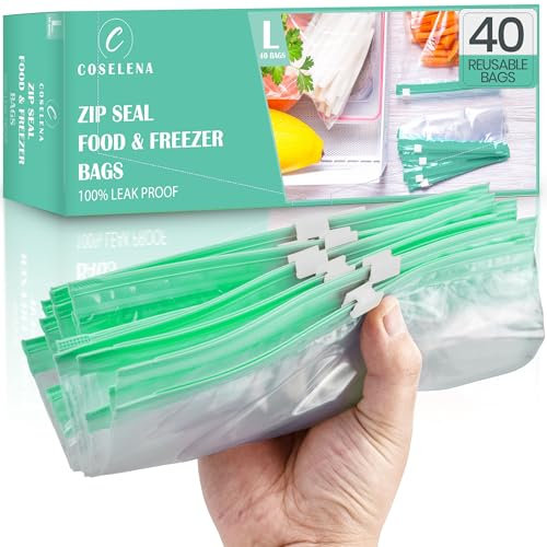 Coselena 40 PCS Freezer Bags - Zip Lock Bags Half Gallon (2.27L)- Airtight Slider Reusable Freezer Bag, Durable & Leak-Proof Zip Lock Food Storage, Large Ziplock w/Expandable Bottom