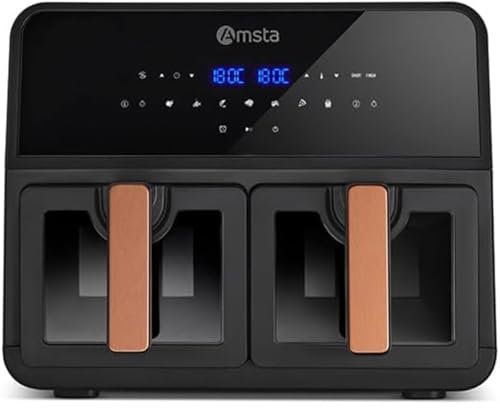 AMSTA Freidora de Aire Sin Aceite 9L Doble Cuba | 1700W | Panel Digital, 9 Programas, Ventana Transparente, Temporizador, Apagado Automático, Temperatura Regulable
