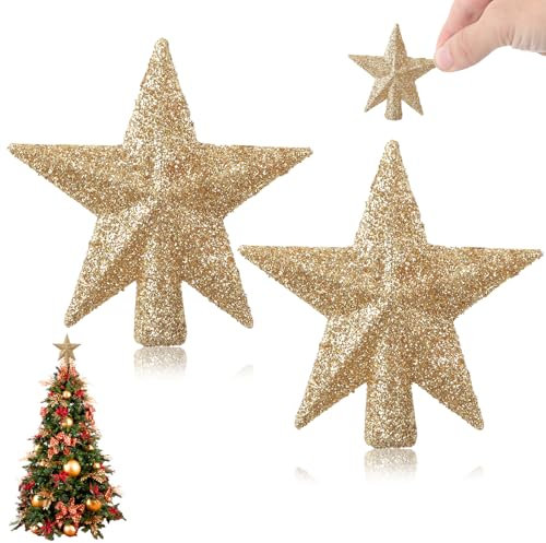 2 Pcs Mini Christmas Tree Topper, Small Tree Topper Glitter Stars Xmas Tree Topper Small Christmas Ornaments Christmas Star Treetop for Xmas Holiday Party Decor (2.4 Inch)