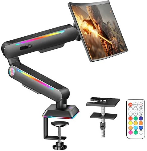 Monitor Mount, Heavy Duty Single Monitor Mount with RGB Light, Height Adjustable Monitor Arm for 17″–32″ Screens up to 19.8 lbs, Vesa Mount with Clamp and Grommet Base, Monitor Desk Mount Black