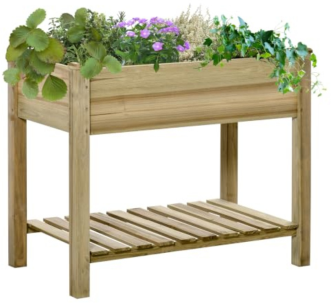 Outsunny Hochbeet mit Ablage Erhöhtes Kräuterbeet 91 x 51 x 76 cm Grün | Mit Ablauflöchern, Pflanzkasten aus Holz, Wetterbeständig, Gemüsebeet, Gartenbeet, Pflanzbeet für Garten Balkon Terrasse