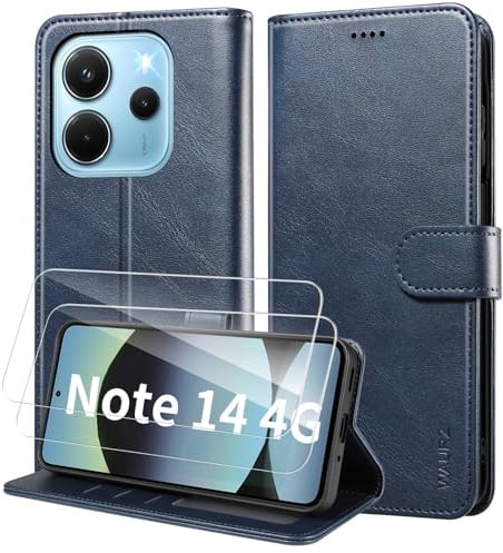 WAURZ Portefeuille Coque pour Xiaomi Redmi Note 14 4G,Bleu | Etui Cuir Pochette avec 2 Verre Trempé Porte Carte Antichoc, Housse à Rabat Clapet Magnétique Étui Protection RFID Flip Case
