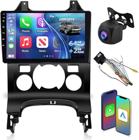 [2+64G] Autoradio Android pour Peugeot 3008 2009-2015 avec sans Fil Carplay & Android Auto, Radio Tactile 9 Pouces avec WiFi GPS Mirror Link DSP FM/RDS Radio SWC+ AHD Caméra de Recul
