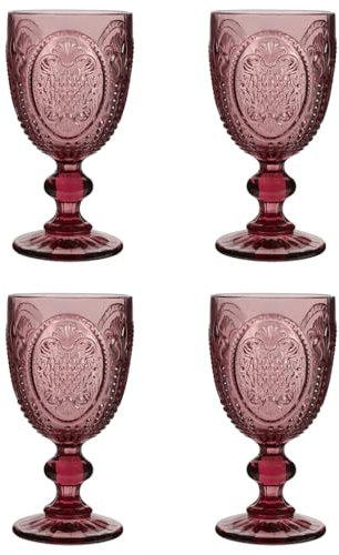 Wine Glasses Set of 4 Embossed Vintage Style Wine Goblet Glassware Set Dishwasher Safe Wine Glass Set Colourful Baroque Footed Wine Chalice Tumblers (Pink)