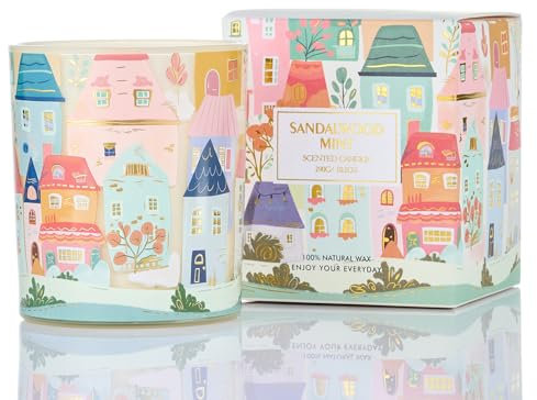 M&SENSE Candele profumate in vetro, legno di sandalo, menta, 290 g, candela profumata di soia naturale con 55 ore, graffiti architettonici dipinti a mano, dolce accessorio per la casa e regalo per le