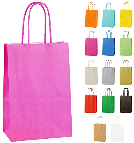 Thepaperbagstore 50 Hot Pink Paper Bags with Twist Handles 14x21x8cm | colour recyclable kraft, ideal for sweets, favours, gifts, weddings, birthdays, parties and events