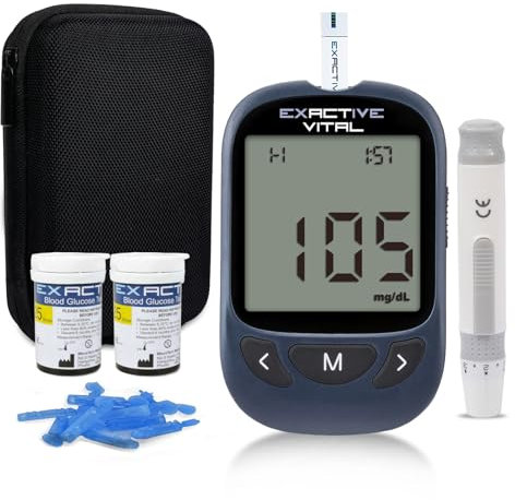 Glucometro, Medidor de Glucosa en Sangre, Kit Completo de Prueba de Glucosa en Sangre, con 50 Tiras Reactivas y 50 Lancetas para Diabetes Exactive VITAL-mg/dL