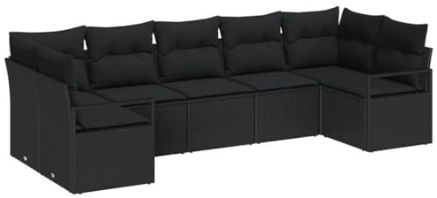 vidaXL 7-teiliges Garten-Sofa-Set mit Kissen in Schwarz aus Poly-Rattan – Modulmöbel für draußen, ideal für Balkon, Lounge, Ecksofa und Terrasse im Sommer, flexibel einsetzbar.