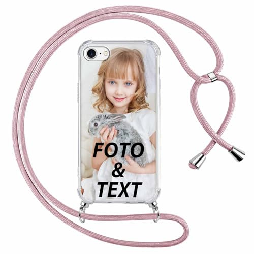 Xylota Personalisierte Handykette Handyhülle für iPhone 7 Plus/8 Plus mit Band, Personalisiert Hülle mit Bild Text Foto, Individuelle Design Dunkelrosa Silikon Schutzhülle für iPhone 8 Plus 5,5''