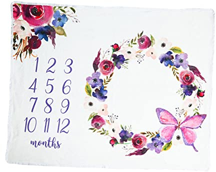 Bedruckte Monatsdecke für Junge Mädchen, Lila, 100x75x1cm Flanell | Wreath Muster, Super Weich, für Babyshower und Taufe, als Fotohintergrund