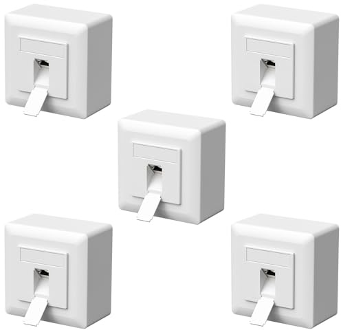 FGB Lot de 5 prises réseau universelles CAT6a, 1 port en saillie / encastrée, blanches | Blindé, Ethernet 10 Gigabit, boîte de données RJ45, EIA/TIA 568A & B, prise réseau LAN adaptée pour les câbles de pose