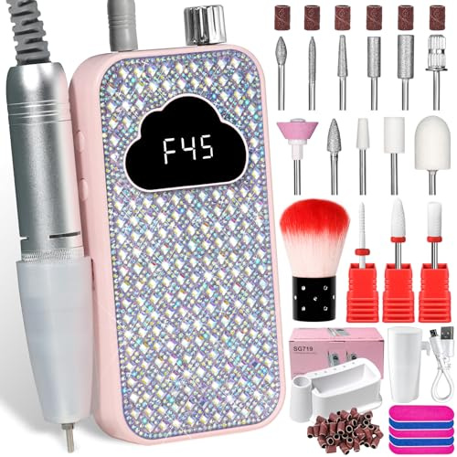 LIMEGIRL Professional Electric Nail File Drill Bits Kit 45000RPM for Acrylic Toenail Machine Clippers with 14 Drill Bit Gradient Pink Glitter Portable Rechargeable Cordless