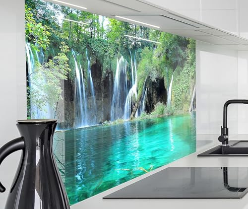 timalo Küchenrückwand Glasoptik | 160 x 50 cm Wasserfälle Wald See Natur Wasserfall | Acryl Glas 2mm | Spritzschutz Wand für Herd, Küche Glasrückwand Acrylglas Wandpaneele Rückwandschutz Platte