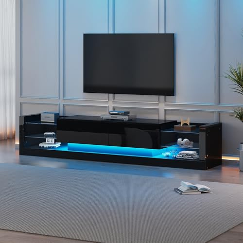 DUlVBPE Hochglanz-TV-Schrank mit LED-Beleuchtung, 181 cm – Für Fernseher bis 80 Zoll, Glasfront, Zwei klappbare Schubladen