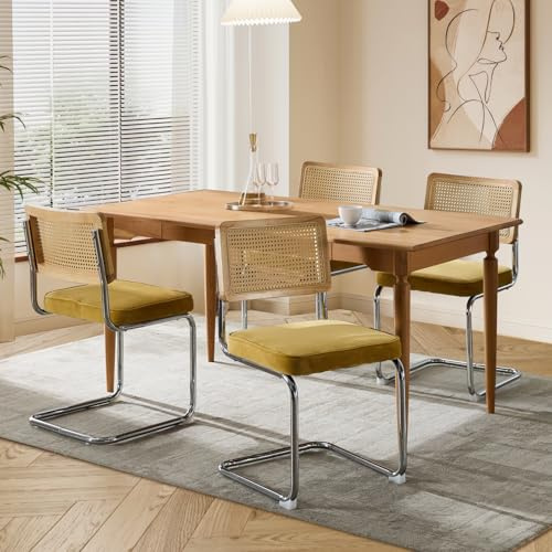 SoarFlash Mid-Century Moderne Esstühle, Handgewebte Rattanlehne, Cantilever-Struktur aus Verchromtem Stahl, Weiches Samtpolster, Set aus 4, Gelb