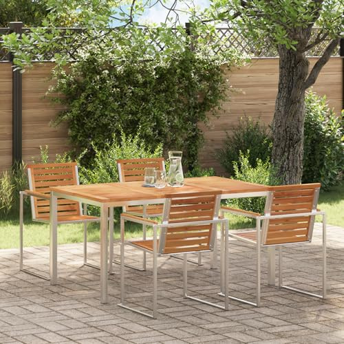IBUQDDV Esstisch für draußen 150x90x75 cm aus Massivholz Teak mit Edelstahlrahmen Platz für sechs Personen Wetterfeste Outdoor Möbel Langlebiger Gartentisch