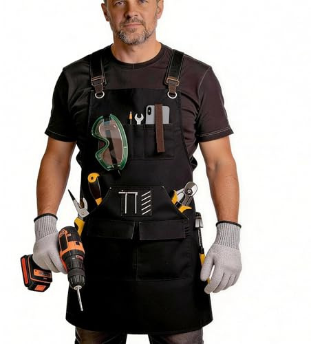 TootyTots 20oz Waxed Canvas Work Apron Men - Heavy Duty Waterproof Woodworking Apron with 9 Pockets, Magnetic Patch & Cut-Resistant Gloves - Adjustable Cross-Back S-3XL