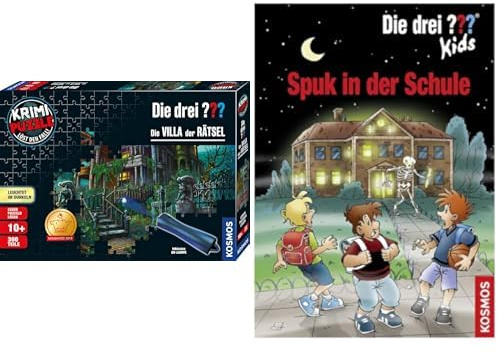 Die drei ??? Bundle - Krimi-Puzzle Die Villa der Rätsel, 300 Teile, UV‑Leuchtend, inkl. UV‑Lampe, Kids Sonderband Spuk in der Schule, Puzzle und Rätsel‑Set für Detektiv‑Fans ab 10 Jahren
