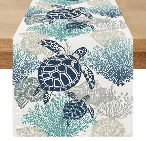 Miuyunya Tischläufer Modern 40x140 Outdoor Sommer Tisch Läufer Blau Grün Wetterfest Maritim Abwaschbar Landhausstil Leinenoptik Tischdecke Kurz für Frühling Hochzeit Party Küche Tischdeko