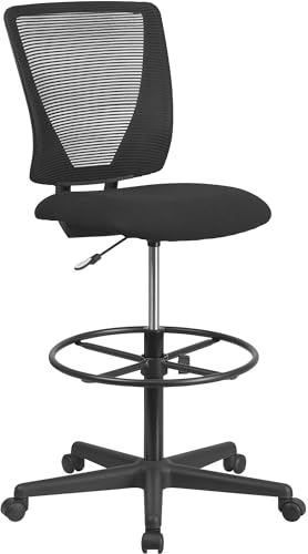 Flash Furniture Zeichenstuhl, ergonomisch, mittelhohe Rückenlehne, Mesh, mit Stoffsitz und verstellbarem Fußring, Metall, Schwarz, 1 Stück