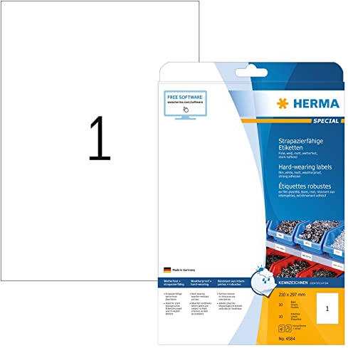 HERMA 4584 Wetterfeste Folienetiketten, 10 Blatt, 210 x 297 mm, 1 pro A4 Bogen, 10 Stück, selbstklebend, bedruckbar, matt, blanko Klebeetiketten Aufkleber aus Folie, weiß