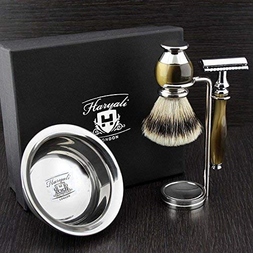 Atemberaubende Horn Replik 4 Stück Männer Rasieren Set mit Silber Spitze Dachs Pinsel, DE Rasierhobel, Rasur Stand & Rasierschale neu von Haryali London entworfen