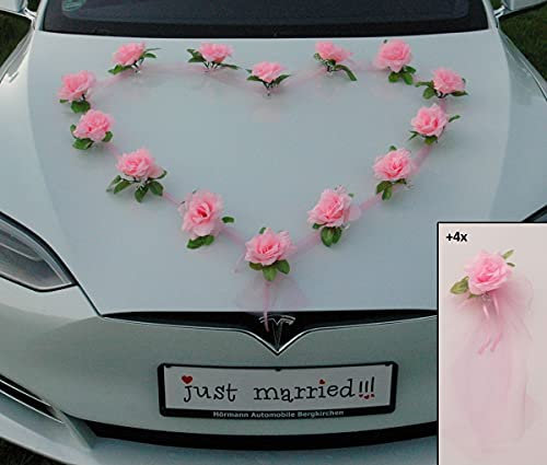 Organza Herz Braut Paar Rose Deko Dekoration Autoschmuck Hochzeit Car Auto Wedding Deko Girlande PKW (Rosa/Rosa)