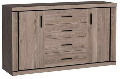 Mirjan24 Kommode Mannar M-01, mit 4 Schubladen und 2 Türen, Anrichte, Sideboard, Mehrzweckschrank, Farbauswahl, Highboard, Naturtöne, Wohnzimmer (Eiche Trüffel)