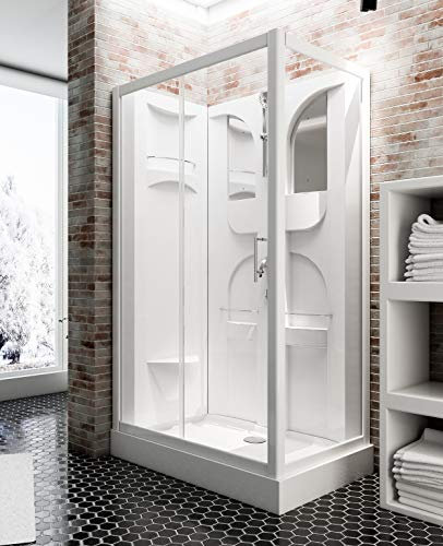 Schulte cabine de douche complète en kit 120 x 80 x 210 cm (bac de douche inclus), profilé blanc, porte coulissante, verre de sécurité, cabine intégrale
