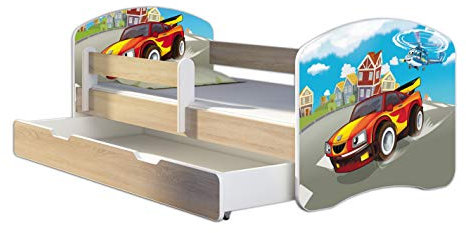 Kinderbett Jugendbett mit einer Schublade und Matratze Sonoma mit Rausfallschutz Lattenrost ACMA II 140x70 160x80 180x80 (03 Racing Car, 160x80 + Bettkasten)