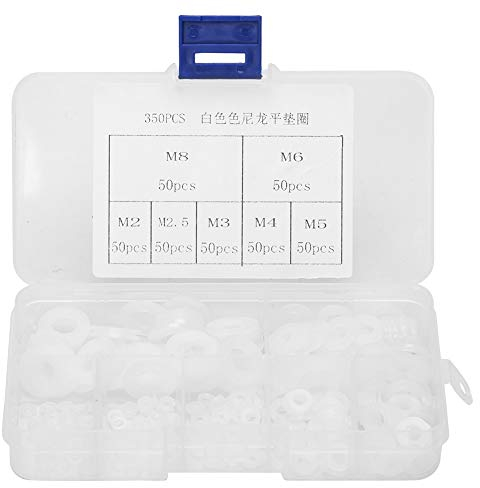 350pcs White Nylon Plastic Washer Flache Runde Unterlegscheibe Dichtungsring Kit M2/M2.5/M3/M4/M5/M6/M8 Unterlegscheibe ORings mit Aufbewahrungsbox Sortiment Box Weiß