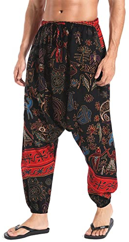 AITFINEISM Men's Drawstring Casual Hippie Harem Pants Loose Drop Crotch Trousers (4XL, Style Red)