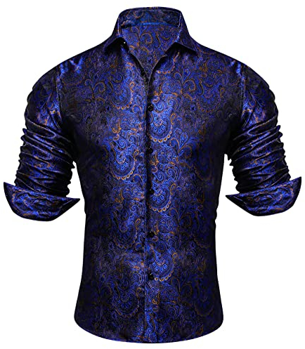 Barry.Wang Men Dress Shirts Paisley Silk Long Sleeve Button Big and Tall Down Shirt Fashion Leisure Wedding Party Prom Blue S-3XL