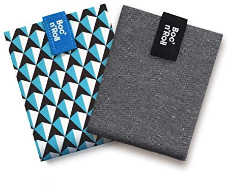 Roll'eat - Pack 2 Envoltorios Reutilizables | Porta Bocadillos Ecológico | Bolsa Plegable y Lavable | Boc'n'Roll Nature Negro y Azulejos Azul, 11x15cm, Poliéster