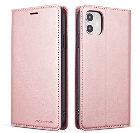 QLTYPRI Case for iPhone 11, Premium PU Leather Cover TPU Bumper with Card Holder Kickstand Hidden Magnetic Adsorption Shockproof Flip Wallet Case for iPhone 11 (6.1 inch) - Rose Gold