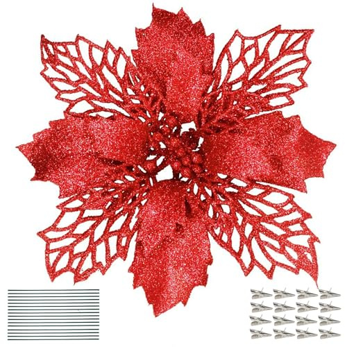 DWTECH 16 Pack Christmas Poinsettia Flowers with 16 Peduncles & 16 Clips,16cm/6.3’’ Artificial Flowers Glitter Poinsettia Christmas Wreath Christmas Tree Ornaments for Christmas Decorations(Red)