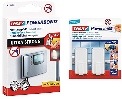 tesa Powerbond Ultra Strong Klebepads/Doppelseitige Pads für die Montage im Innen- sowie geschützten Außenbereich & Powerstrips Haken Large CLASSIC - Selbstklebender Wandhaken Weiß aus Kunststoff