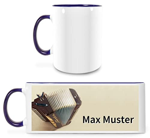 Manutextur Tasse mit Namen - personalisiert - Motiv Akkordeon 01 - viele Farben & Motive - weiß/dunkelblau - persönliches Geschenk mit Wunsch-Motiv und Wunsch-Name