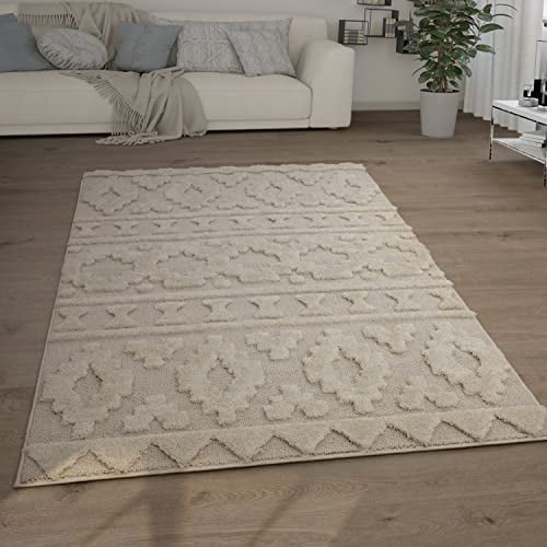 Paco Home Hochflor Teppich Wohnzimmer Shaggy 3D Optik Ethno Boho Vintage Look Weich, Grösse:160x220 cm, Farbe:Creme 4