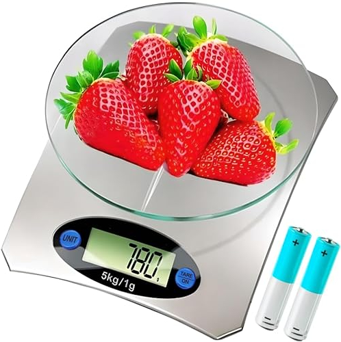 Retoo Digitale Küchenwaage bis zu 5 kg Tragkraft mit leicht ablesbarer LCD-Anzeige, Digitalwaage mit Zuwiegefunktion, Haushaltswaage mit Tara, Feinwaage, Grammwaage, Essenswaage, Silber