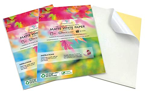 Evergreen Goods 100 Sheets A4 White Matte Sticker Paper | Inkjet & Laser Printable Self Adhesive Sticky Back Label | Create Product Labels | for Arts & Crafts