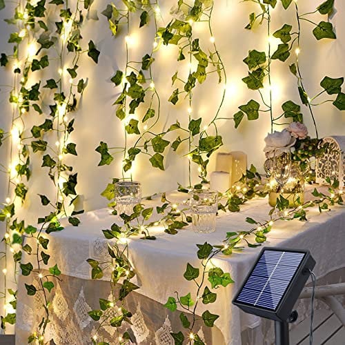 Fohil Künstlicher Efeu Lichterkette 100LED 12M Lichterkette Außen Solar, 8 Modi Wasserdicht Solarlichterkette für Garten, Balkon, Hochzeit, Zaun,Weihnachten, Dekorationen