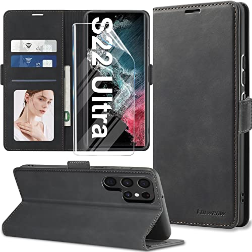 【2023 𝐍𝐄𝐖】 Handyhülle für Samsung Galaxy S22 Ultra Hülle Leder mit Schutzfolie [3 Kartenfächer] Klapphülle für Samsung Galaxy S22 Ultra 5G Hülle Leder Wallet Klappbar Stoßfest Case für S22 Ultra