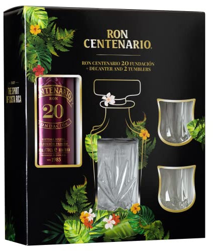 Ron Centenario 20 Solera Fundacion | Geschenkset mit einem Decanter und zwei Tumblern | Hergestellt im Solera-Verfahren | weich und harmonsch im Geschmack | 700ml
