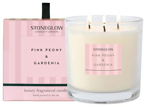 Stoneglow Modern Classics Pink Peony & Gardenia Scented Candle Boxed Tumbler 760g – Jasmine, Orange Blossom, Patchouli & Amber, 85 Hours Burn Time, 3-Wicks, Long Lasting Fragrance