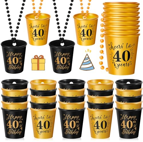 24 Pieces Shot Glasses Necklace Birthday Plastic Shot Glass on Beaded Necklace Shot Cups for Birthday Party Anniversary Supplies, Gold and Black (40th)